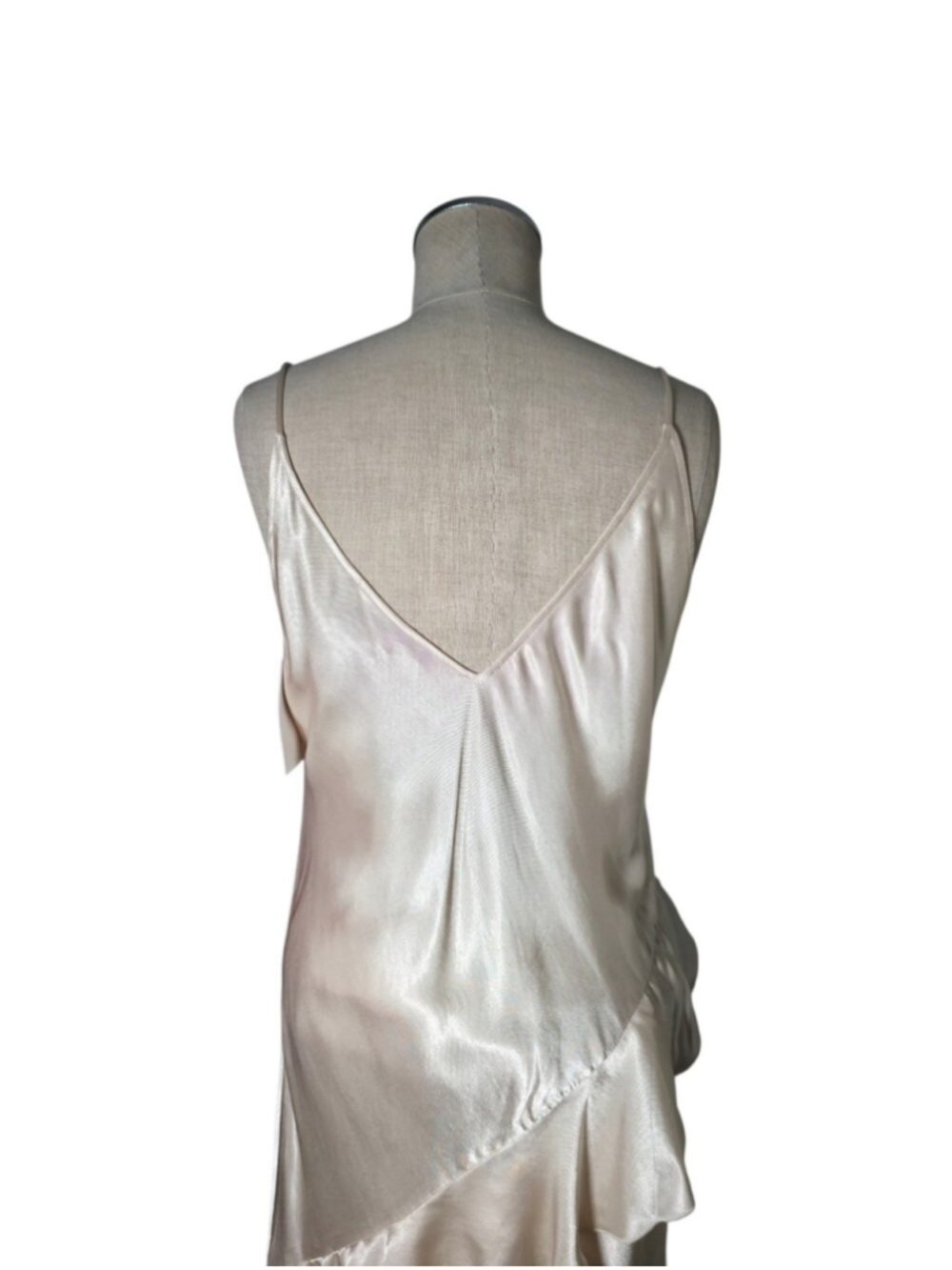 H&M Satin Slip Dress Cream Ivory Ruffle Midi Dress Asymmetrical Hem V Neck S - Picture 5 of 12